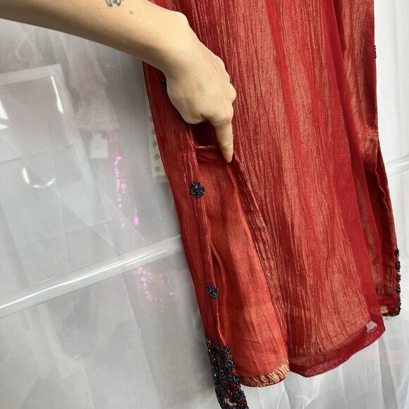 red shimmery beaded summer shift mini dress vacation wedding sz Md boho fairy - Picture 6 of 10